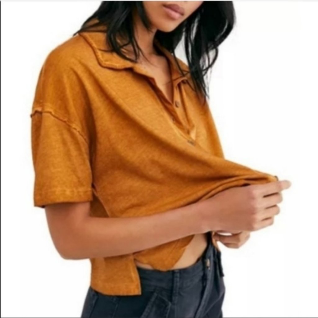 Free People Mustard Button-Down Short Sleeve Top